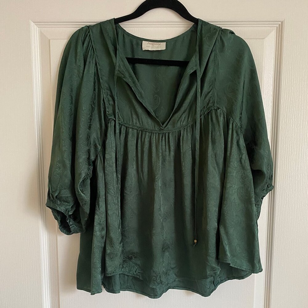 Auguste The Label Silk Green Jacquard Boho Peasant Blouse - AU 10/US M - Picture 6 of 7